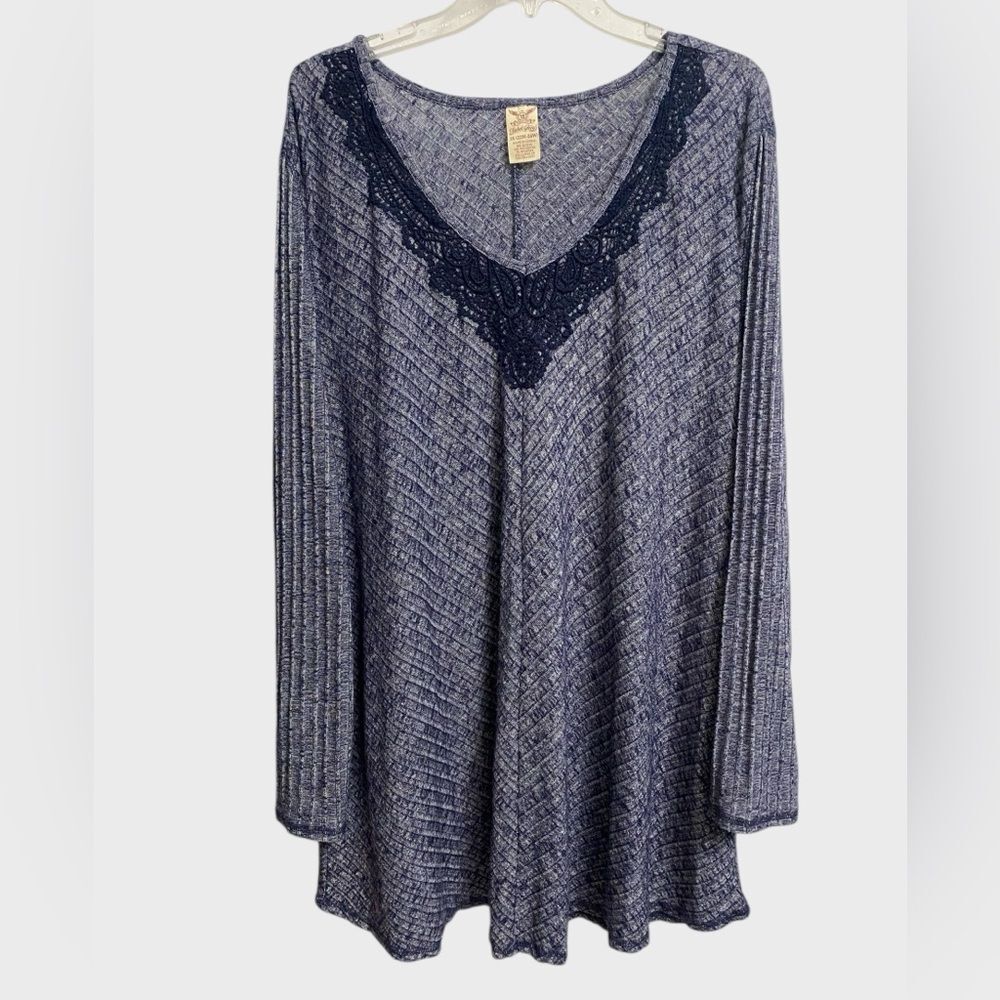 Faded Glory Women's Lace Trim Tunic Top Size 3X Navy V-Neck Boho Coastal Beach